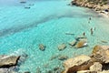 02.09.2018. People inside paradise clear torquoise blue water in Favignana island, Cala Azzura Beach, Sicily South Italy.