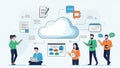Cloud computing concept with people interacting with digital documents and communication icons Royalty Free Stock Photo