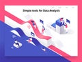 People interacting with charts and analysing statistics and data. Landing page template. 3d isometric vector illustration.