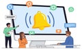 People interacting with a large computer screen displaying a notification bell Royalty Free Stock Photo
