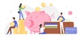 People invest money in piggy bank vector illustration, cartoon flat tiny characters investing golden coins and banknotes