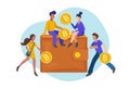 People investing gold coins in bitcoin wallet, flat minimalist styling. Vector illustration of earning and saving money.