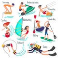 People involved in popular and new water sports flat characters set. Color vector illustration