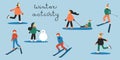 People involved in winter sports: skiing man and woman; woman with a child in a sleigh; skating people; woman making snowman.