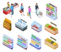 People isometric store. Shopping grocery market customer supermarket products, persons in retail shop buying food 3d