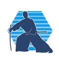 Silhouette of a sword warrior in action pose. Silhouette of kendo martial art pose. Royalty Free Stock Photo