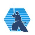 Silhouette of a sword warrior in action pose. Silhouette of kendo martial art pose. Royalty Free Stock Photo