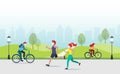 People jogging, cycling, exercising at public park with face mask. Safety healthy lifetyle during covid-19 pandemic. New normal