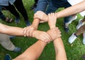 People are join hand together with trust and success in teamwork. Royalty Free Stock Photo