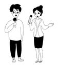 People journalists. Woman and man reporters with microphone. Vector illustration. linear doodle. Conceptual character