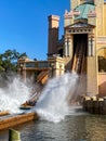 People on the Journey to Atlantis Roller Coaster water ride at SeaWorld speeding around the track and splashing into the water Royalty Free Stock Photo