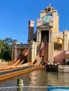 People on the Journey to Atlantis Roller Coaster water ride at SeaWorld speeding around the track and splashing into the water Royalty Free Stock Photo