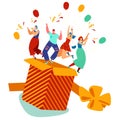 People jump out of the box, birthday party present, vector illustration