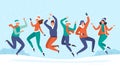 People jump in snow. Group of friends enjoy snowfall, happy winter holidays and snow vacation vector illustration Royalty Free Stock Photo