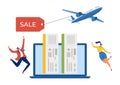 People jump for ticket sale, vector illustration. Travel by plane flight, flat woman man tourist character plan vacation