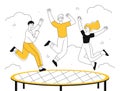 People jump at trampoline line concept