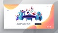 People Jump on Trampoline Website Landing Page, Outdoors, Fitness Center, Summer Time Attraction, Leisure, Sports Acrobatics Royalty Free Stock Photo