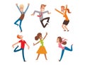 People jumping in celebration party vector happy man jump celebration joy character. Cheerful woman active happiness Royalty Free Stock Photo