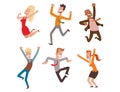 People jumping in celebration party vector happy man jump celebration joy character. Cheerful woman active happiness Royalty Free Stock Photo