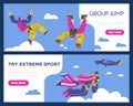 People jumping with parachutes, skydiving web banners set, flat vector illustration.