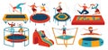 People jumping trampolines set of isolated vector illustration. Trampolining people and rebounders. Entertainment park.