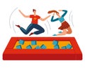 People jumping trampolines set of isolated vector illustration. Trampolining people and rebounders. Entertainment park.