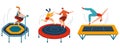 People jumping trampolines set of isolated vector illustration. Trampolining people and rebounders. Entertainment park.