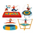 People jumping trampolines set of isolated vector illustration. Trampolining people and rebounders. Entertainment park.