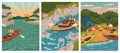 People on kayak rowing down to river. Water adventure sport vector posters set. Man and woman rafting, kayaking Royalty Free Stock Photo