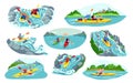 People kayaking vector illustration set. Cartoon flat man woman active kayaker characters canoeing, sitting in kayak