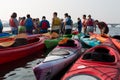 People and kayaks on the river dnepr in kiev