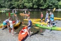 People with kayaks on the river Semois near Bouillon, Belgium Royalty Free Stock Photo