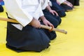 People in kimono on martial arts weapon training seminar