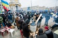 People kindle fire on the cold occupying Maidan square during two weeks anti-government protest