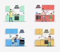 People in kitchen vector illustrations set. Cheerful adults and little children cooking food cartoon characters. Men