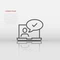 People with laptop computer icon in flat style. Pc user check mark vector illustration on white isolated background. Office Royalty Free Stock Photo