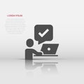 People with laptop computer icon in flat style. Pc user check mark vector illustration on white isolated background. Office Royalty Free Stock Photo