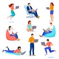 People with laptops in different poses. Vector flat cartoon illustration. Young men and women work using computer Royalty Free Stock Photo