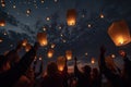 People launching asian sky lanterns during Lanterns festival. Generative AI