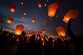 People launching asian sky lanterns. Thailand\'s unforgettable tradition. Generative AI