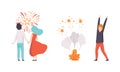 People Launching Fireworks Set, Happy People Celebrating Holidays and Enjoying Fireworks Show Flat Vector Illustration