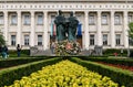 People lay flowers at the monument of the brothers Cyril and Methodius.