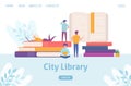People learning in online library concept, huge books with tiny people reading web template vector illustration. Royalty Free Stock Photo