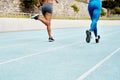 People, legs or runners on track for exercise, training or outdoor fitness workout with energy. Teamwork, back or Royalty Free Stock Photo