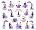 People Life and Health Insurance Under Umbrella and Hand Protection Vector Set