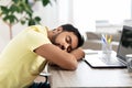 Indian man sleeping on table with laptop at home Royalty Free Stock Photo