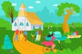 People lifestyle in park, vector illustration, flat young man woman character walk outdoor, summer nature with church Royalty Free Stock Photo