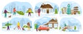 People lifestyle in winter set of vector illustrations. Family with kids happy in snow season, fun and activity, winter