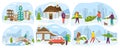 People lifestyle in winter set of vector illustrations. Family with kids happy in snow season, fun and activity, winter