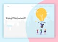 People on Lightbulb Flying Airballoon Looking for Business Idea Concept Landing Page. Male and Female Character Creative Solution